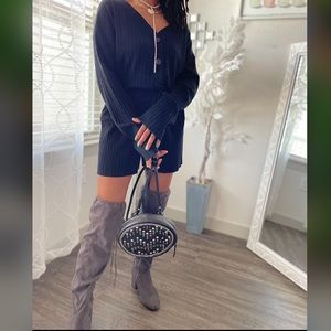 Two Piece Black Ribbed Long Sleeve Shorts Set